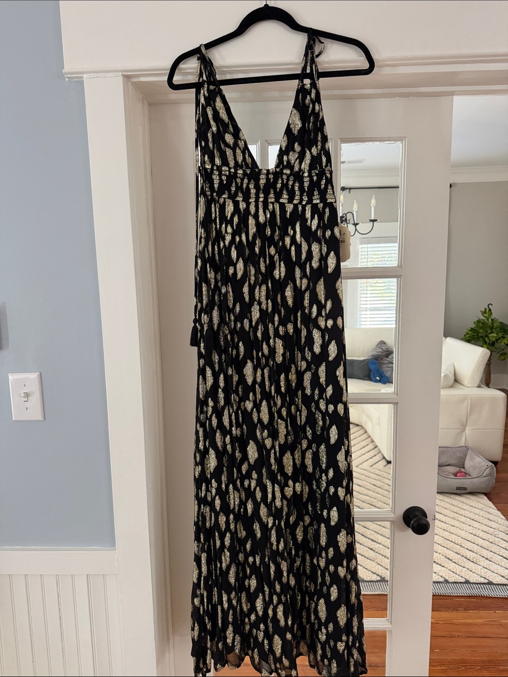 Altar'd State Black Maxi Dress with Gold metallic paytern Print